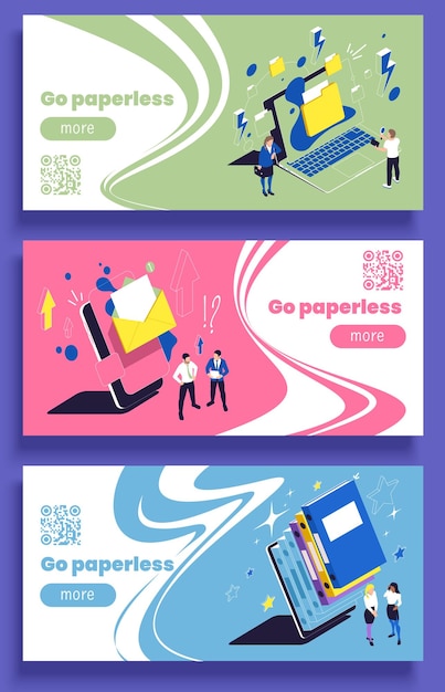 Free vector go paperless concept isometric vertical banners set isolated vector illustration