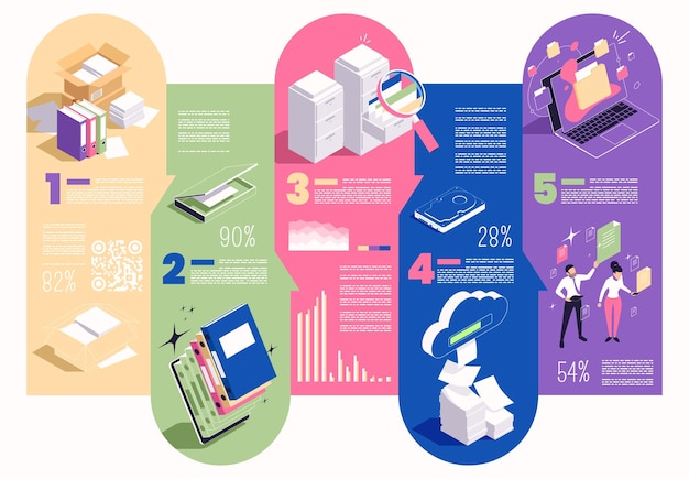 Free vector go paperless isometric color flowchart with digital data and papers on colorful background vector illustration