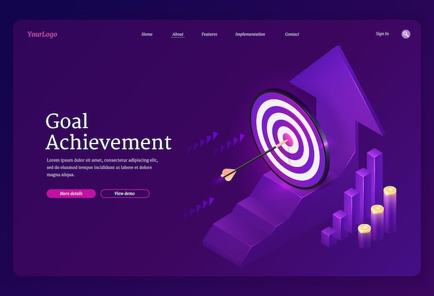 Goal achievement isometric landing page. business target strategy, arrow stuck in center of shooting aim and growing graphs. financial success, entrepreneurship, grow market 3d vector web banner