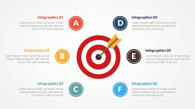 Free vector goals or business target infographic concept for slide presentation with big dart center circular 6 point list with flat style vector illustration