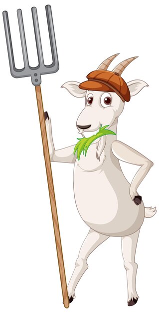 A goat standing on two legs and holding rake