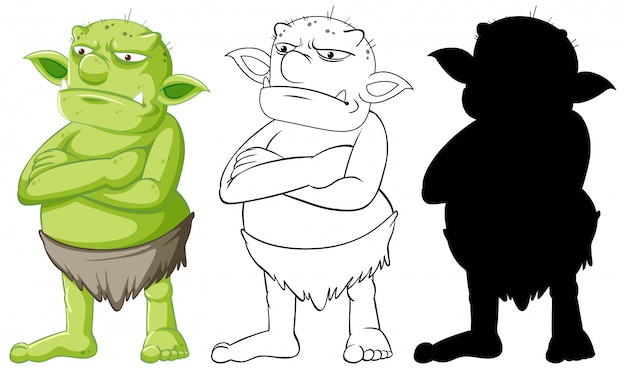 Free vector goblin or troll in color and outline and silhouette in cartoon character on white background