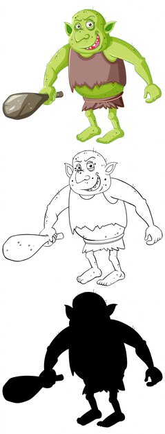 Goblin or troll in color and outline and silhouette in cartoon character