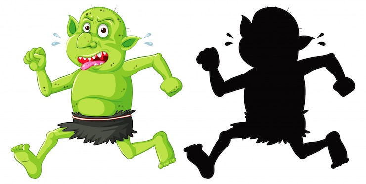 Free Vector goblin or troll in color and silhouette in cartoon character on white background