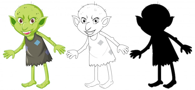 Free vector goblin or troll in color and silhouette in cartoon character on white background