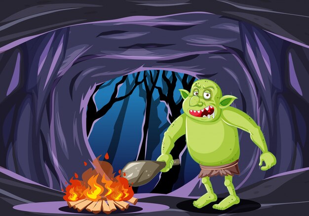 Goblin or troll with fire cartoon style on dark cave background