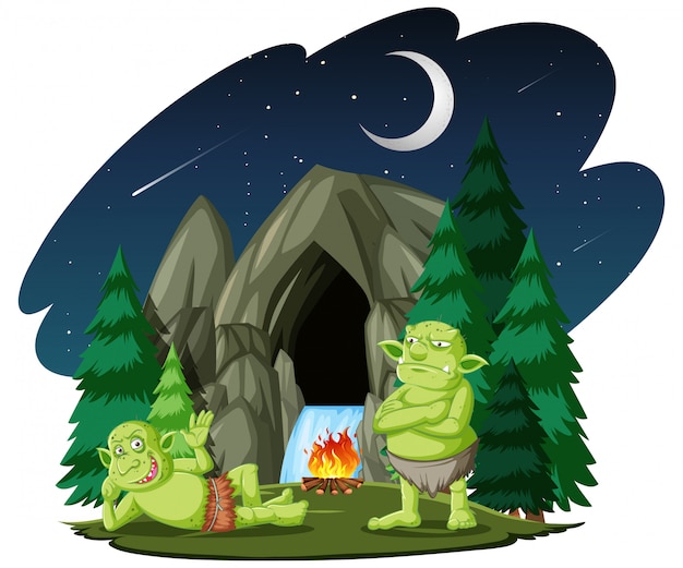 Free vector goblin or troll with stone cave cartoon style isolated on white background