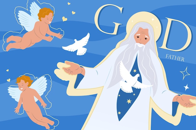 Free vector god father composition with collage of flat images with human characters of childish angels old man vector illustration