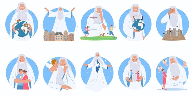 Free vector god father set of flat circle shaped compositions with mythical old man people and earth globe vector illustration