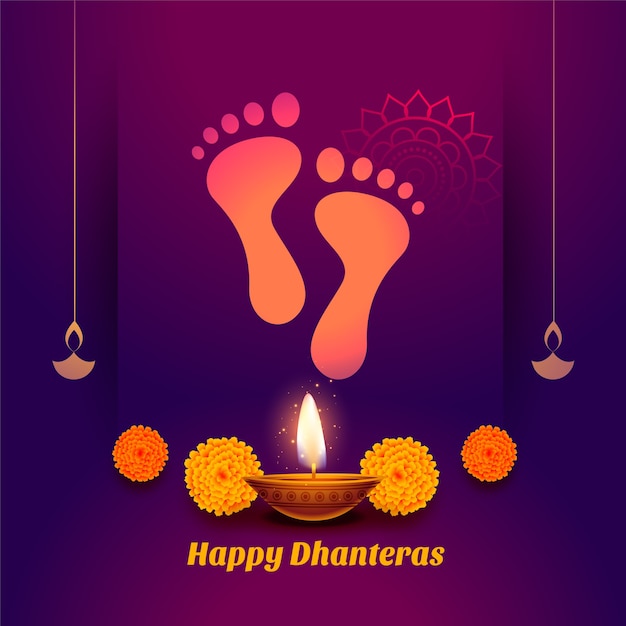 God footprints prayer happy dhanteras background with diya