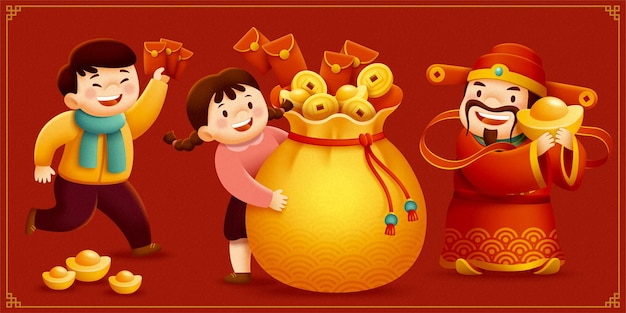 God of wealth and children holding gold ingot and red packets characters set Premium Vector