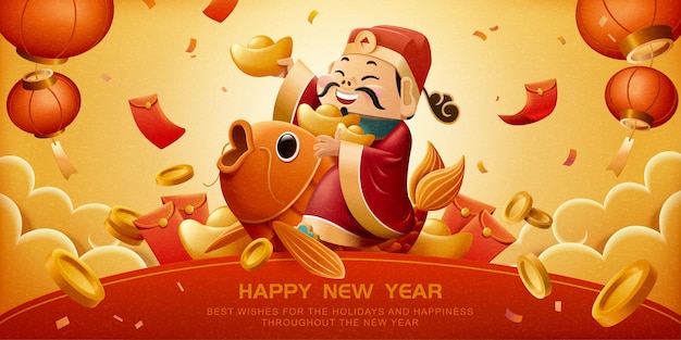 God of wealth rides on lucky carp and holds red packet for chinese new year Premium Vector