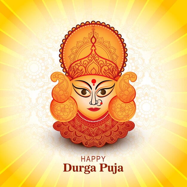 Goddess durga face in happy durga puja card background