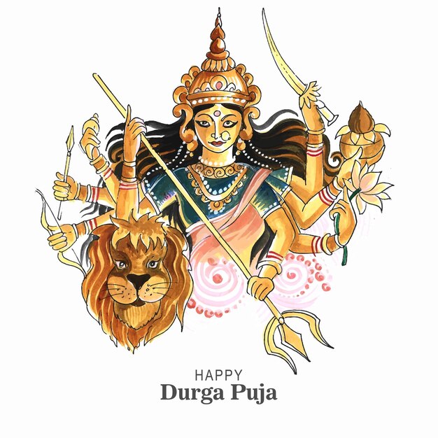 Goddess durga face in happy durga puja card background