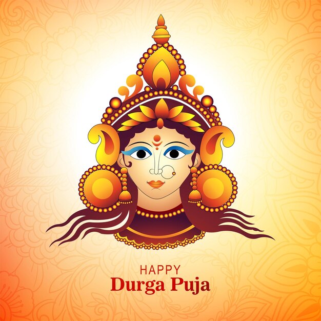 Goddess durga face in happy durga puja subh navratri card background
