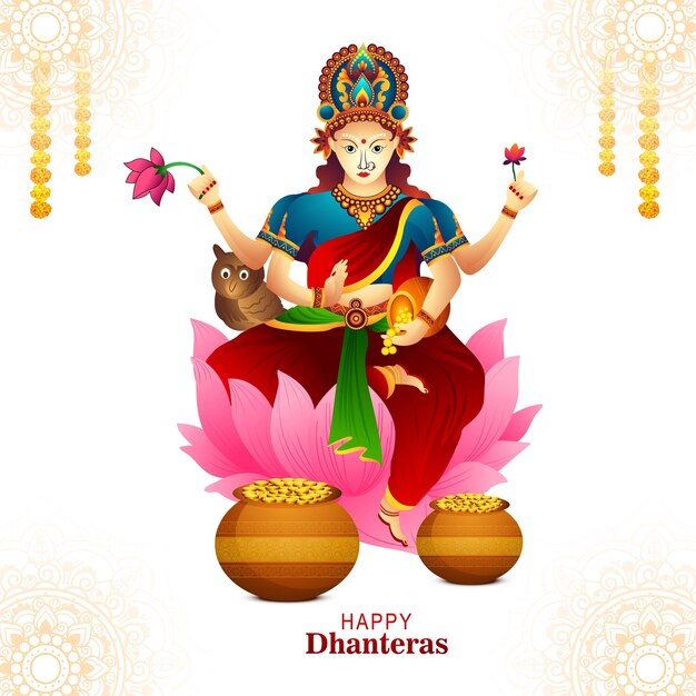 Free vector goddess maa laxmi illustration with coins for indian festival haapy dhanteras background