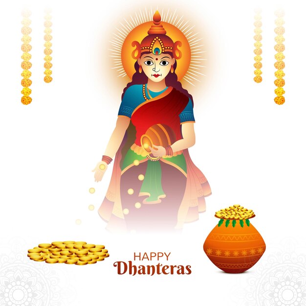 Vettore gratuito dea maa laxmi illustrazione con moneta d'oro in vaso haapy dhanteras sfondo