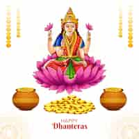 Free vector goddess maa laxmi with coins for indian festival dhanteras background