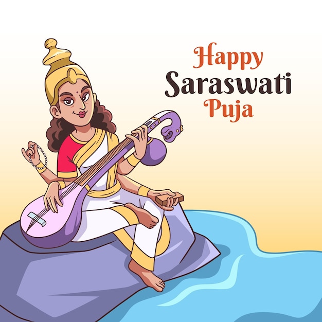 Vettore gratuito dea che suona lo strumento saraswati felice disegnato a mano