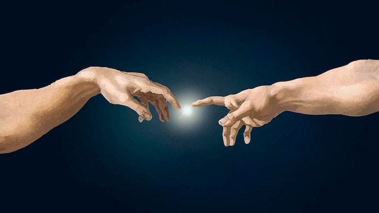 Free Vector gods hand vector, creation of adam famous painting, remixed from artworks by michelangelo buonarroti