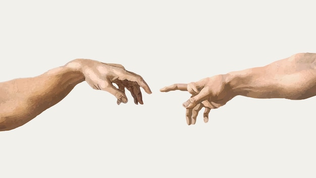 Vettore gratuito adesivo vettoriale della mano degli dei, famoso dipinto della creazione di adamo, remixato da opere d'arte di michelangelo buonarroti