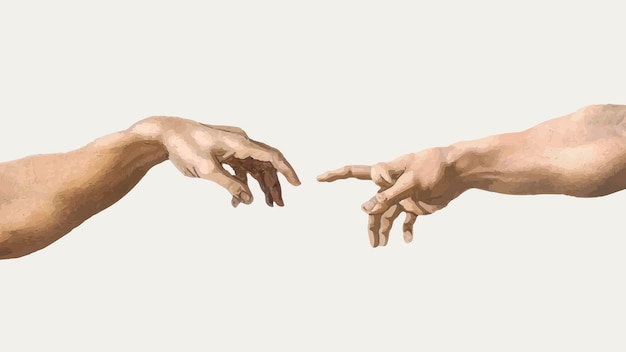신의 손 벡터 스티커, 아담의 유명한 그림 창조, 미켈란젤로 부오나로티의 작품에서 리믹스