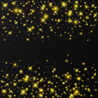 Золотой фон с блестками звезд и пыли, изолированные на темном прозрачном фоне. праздничный волшебный рождественский сияющий световой эффект. векторная иллюстрация.