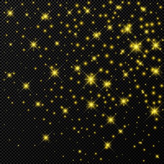 Золотой фон с блестками звезд и пыли, изолированные на темном прозрачном фоне. праздничный волшебный рождественский сияющий световой эффект. векторная иллюстрация.