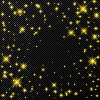 Gold backdrop with stars and dust sparkles isolated on dark transparent background. celebratory magical christmas shining light effect. vector illustration.