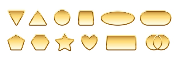 Gold badges different shapes set glossy square triangle oval heart rectangle star circle signs with frames on white background