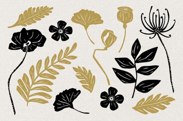 Gold Black Flowers Vector Floral Clipart Set