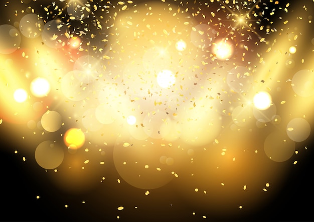 Gold bokeh lights background with confetti 