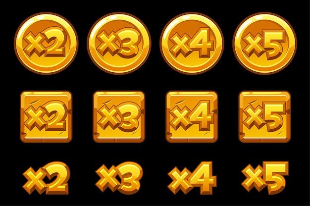 Gold bonus numbers on squares of round boards. Set of gold multiplied numbers for the game.