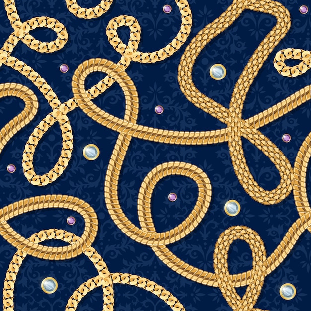 青い背景に宝石とゴールドチェーンのシームレスなパターン