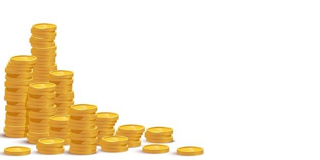 Золотые монеты стекают макет наличных кучи богатства изолированы на белом фоне Банковские услуги денежный кредит успешные инвестиции джекпот зарплата увеличивают рост доходов