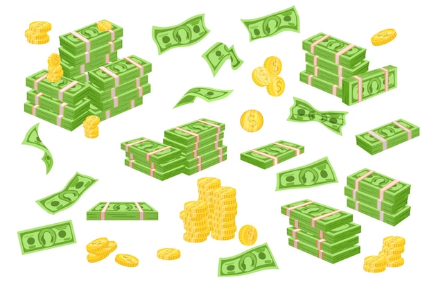 Золотые монеты и стопка денег мультяшный иллюстрации набор. куча наличных, куча зеленых банкнот или долларов, валюта, летающие купюры, изолированные на белом фоне. бизнес, финансовая концепция