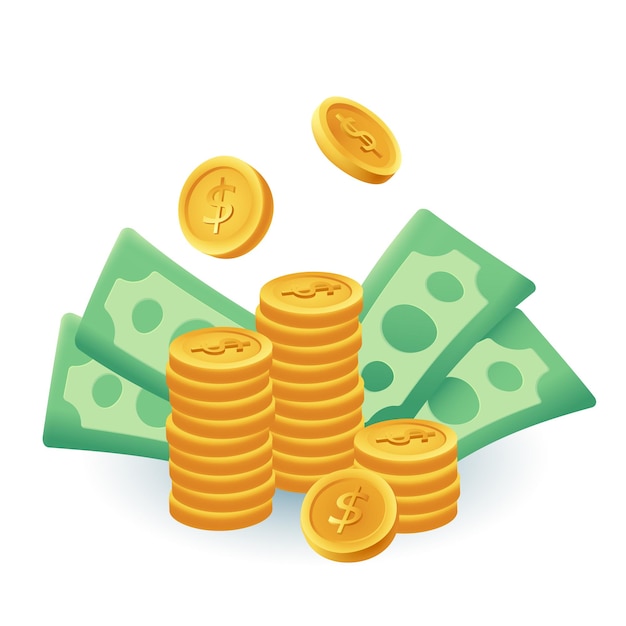 金貨と紙幣の3D漫画スタイルのアイコン。ドル記号、お金や現金の札束、貯蓄フラットベクトルイラストとコインのスタック。富、経済、金融、利益、通貨の概念