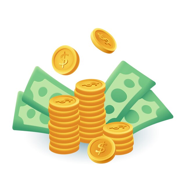 Золотые монеты и банкноты 3d значок мультяшном стиле. Стопка монет со знаком доллара, пачка денег или наличных, сберегательная плоская векторная иллюстрация. Богатство, экономика, финансы, прибыль, концепция валюты