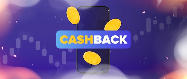 Gold coins fall near the phone. cashback banner. realistic frame made of fire and smoke. the concept of earnings. vector illustration.