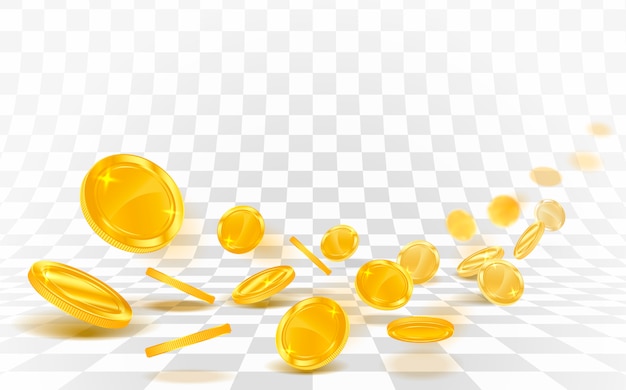 Gold coins falling strew on a white background.