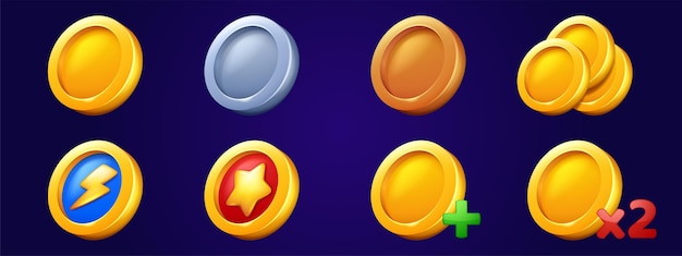 Vettore gratuito gettoni icone monete d'oro per l'interfaccia utente del gioco