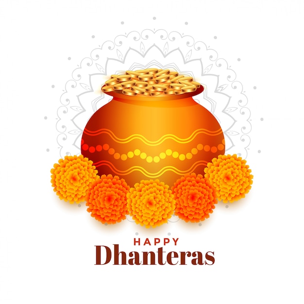 Горшок с золотыми монетами с цветком календулы Dhanteras фон