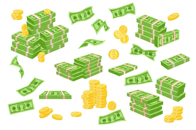 Gold coins and stack of money cartoon illustration set. Heap of cash, pile of green banknotes or dollars, currency, flying bills isolated on white background. Business, finance concept