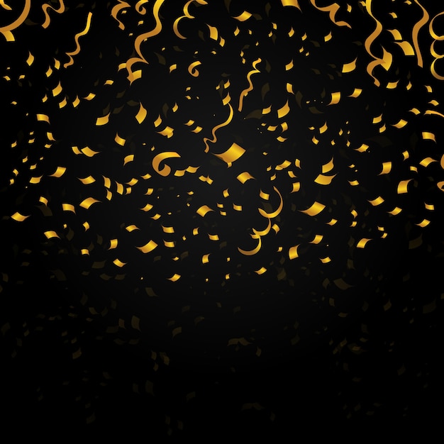 Gold confetti on black background. Decoration design for christmas holiday party, new year. Vector festive illustration
