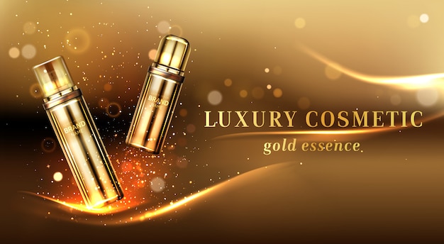 Gold cosmetic bottles ad banner, cosmetics tubes