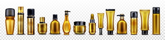Gold cosmetic bottles, jars and tubes for cream, spray