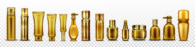 Gold cosmetic bottles mockup, golden cosmetics tubes for essence,