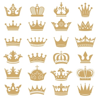 Gold crown silhouette. royal crowns, coronation king and luxury queen tiara silhouettes icons  set