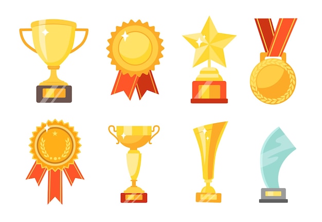 Gold cups and awards flat illustrations set. Collection of golden trophies and medals for winners isolated on white