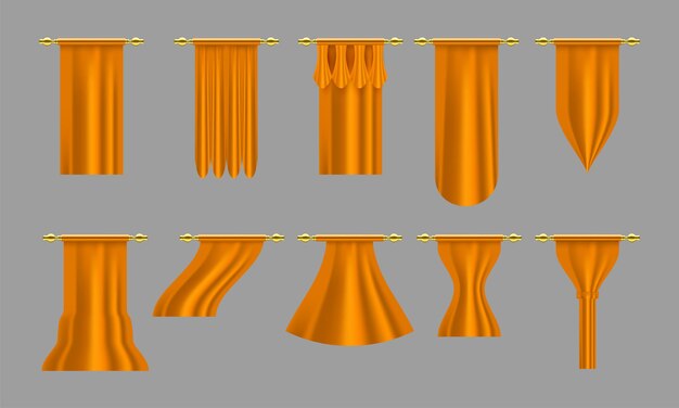 Gold curtains. Set realistic luxury curtain cornice decor domestic fabric interior drapery textile lambrequin, vector illustration curtaine set